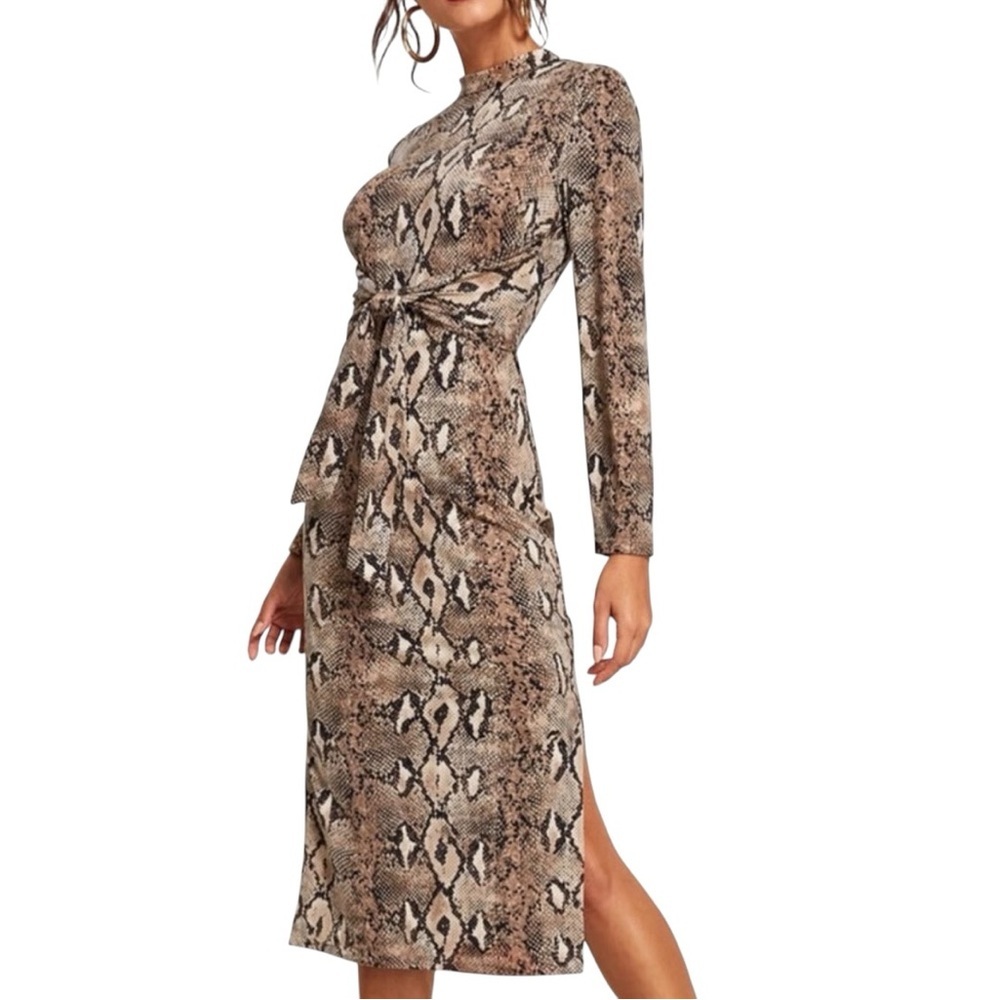 SHEIN Brown & Black Snake-Print Midi Dress with Front Tie